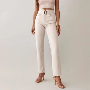 Reformation Cynthia Belted High Rise Straight Jeans Khaki